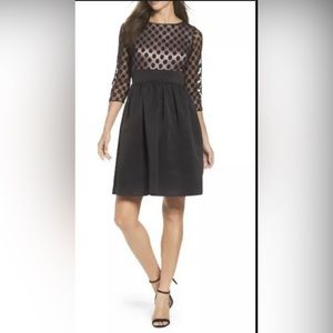 ELIZA J POLKA DOT MESH BODICE FIT & FLARE BLACK DRESS